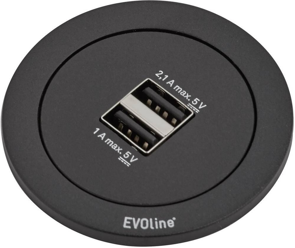 EVOline® One Noir/ Bague Noire -2 Chargeurs USB 1/2.1A  Alim 3m  