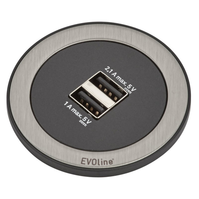 EVOline® One Noir/ Bague inox 2 Chargeurs USB 1/2.1A - Alim 3m  