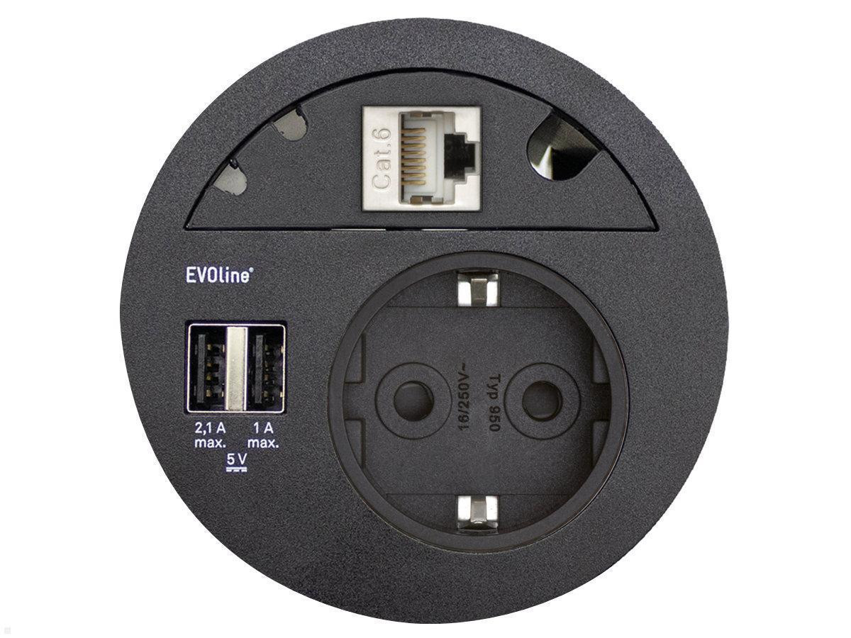 EVOline® Circle 80 - Noir - 1 PC + 2 USB-A + 1 RJ45 avec plaque de recouvrement